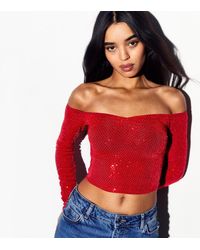 New Look - Sequin Bardot Long Sleeve Crop Top - Lyst