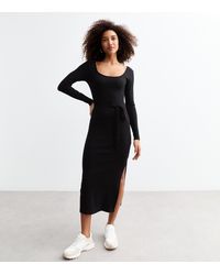 New Look - Scoop Neck Ribbed Belted Midi Dress - Lyst