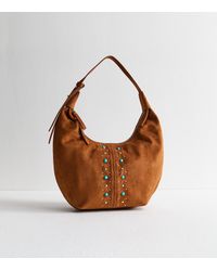 New Look - Tan Faux Suede Studded Shoulder Bag - Lyst
