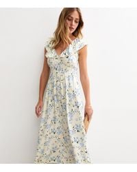New Look - Cream Floral Print Frill Trim Midi Dress - Lyst