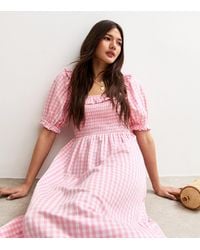 New Look - Gingham Shirred Square Neck Midi Dress - Lyst