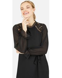Mela Chiffon Lace Trim Tie Waist Mini Dress New Look - Black