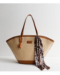 New Look - Faux Leather Trimmed Raffia Look Tote Bag - Lyst