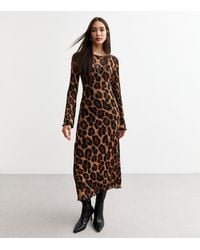 New Look - Leopard Print Jersey Mesh Midi Dress - Lyst