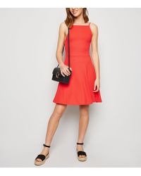 New Look Inspire Mid Blue Waffle Belted Skater Dress with Black Necklace Plus Si