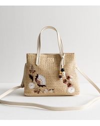New Look - Stone Floral Embroidery Woven Tote Bag - Lyst