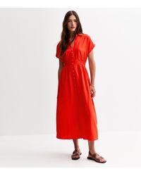 New Look - Linen-Look Shirred Waist Midi Shirt Dress - Lyst