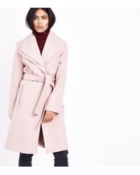 New Look Petite Mink Layered Collar Belted Coat - Pink