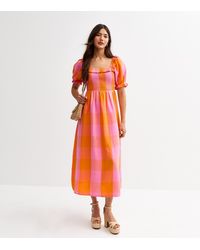 New Look - Checked Shirred Bodice Midi Dress - Lyst