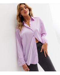 New Look Satin Fluffy Sleeve Long Shirt - Purple