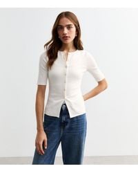 New Look - Button Front Rib Jersey Top - Lyst