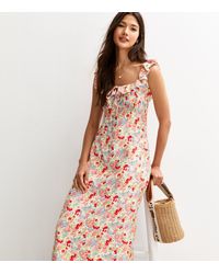 New Look - Multicolour Floral Print Ruffle Trim Tie Back Midi Dress - Lyst