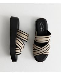 New Look - Cream Faux Leather Wide Strap Striped Platform Sandals Vegan - Lyst