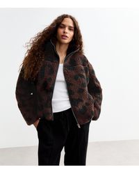 New Look - Animal Print Zip Up Borg Jacket - Lyst