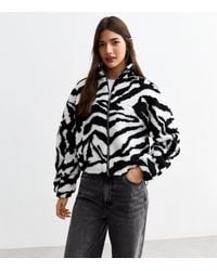 New Look - Zebra Print Borg Zip Up Jacket - Lyst