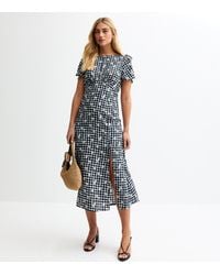 New Look - Gingham Check Floral Print Slit Hem Midi Dress - Lyst