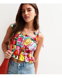 New Look - Tropical Fruit Print Tie Strap Crop Shirred Top - Lyst