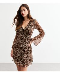New Look - Leopard Print Flared Sleeve Mesh Mini Dress - Lyst