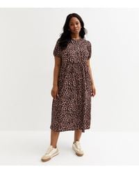 New Look - Plus Size Leopard Print Crinkled Bow Back Smock Midi Dress Curves - Lyst
