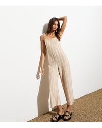 New Look - Stripe Print Tie Detail Cropped Dungaree Jumpsuit - Lyst