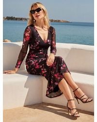 Sosandar - Floral Print V-Neck Mesh Fit & Flare Dress - Lyst