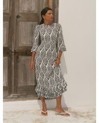 mint velvet cream geometric print ruffle midi dress Mint Velvet Geometric Print Ruffle Midi Dress Cream by Mint Velvet