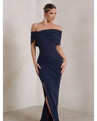 Club L London - Eva Bardot Bow Detail Maxi Dress With Thigh Split - Lyst