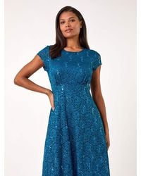 Roman - Sequin Fluted Hem Lace Stretch Dress - Lyst