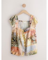 Next - Ecru Scenic Print Flutter Sleeve Button Front Top With Linen - Lyst