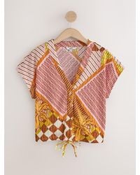 Next - Spliced Print Textured V-Neck Tie Front Short Sleeve Top - Lyst