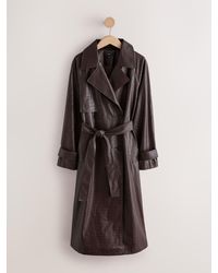 Next - Chocolate Faux Leather Croc Belted Trench Jackets - Lyst