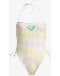 Roxy - The Swell One Plaid Check Square Neck Logo Swimsuit - Lyst