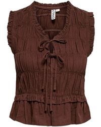 ONLY - Tie Front Linen Blend Top With Smock Details - Lyst