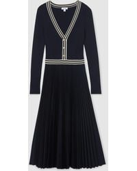 Reiss - Gaia Rib-Knit Stripe-Trim Pleated Midi Dress - Lyst
