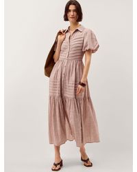 Monsoon - Winnie Short Puff Sleeve Stripe Pintuck Pleats Button Up Cotton Midi Dress - Lyst