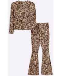 River Island - Leopard Print Long Sleeve T-Shirt And Trousers Set - Lyst