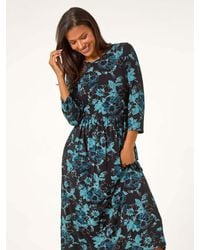 Roman - Floral Print Gathered Stretch Midi Dress - Lyst