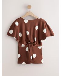 Next - Chocolate/Ecru Polka Dot Textured Satin Short Sleeve Twist Front Top - Lyst