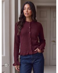 Threadbare - Burgundy Crew Neck Ruffle Cardigan - Lyst