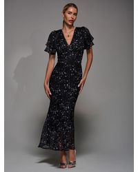 Jolie Moi - V-Neck Frill Sleeve Chiffon Midaxi Dress - Lyst