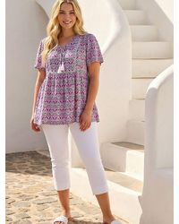 Roman - Curve Tie Front Boho Printed Top - Lyst