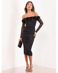 Lipsy - Flower 3D Trim Bardot Long Sleeve Mesh Bodycon Midi Dress - Lyst