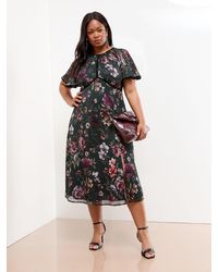 Lipsy - Curve Angel Sleeve Floral Print Velvet Tipped Midi Dress - Lyst