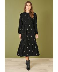 Yumi' - Long Sleeve 100% Cotton Midi Dress With Floral Print Embroidery - Lyst