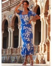 Sosandar - Floral Print Fluted Hem Midi Jersey Dress - Lyst