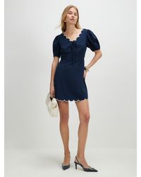 River Island - Short Sleeve Scallop Edge Linen Look Mini Dress - Lyst