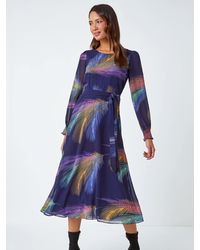 Roman - Feather Print Belted Midi Dress - Lyst
