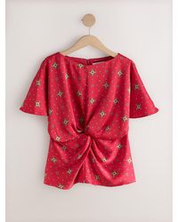 Next - Foulard Print Textured Satin Short Sleeve Twist Front Top - Lyst