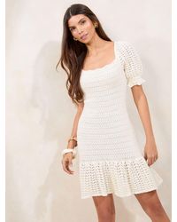 Lipsy - Summer Crochet Stitch Dropped Waist Puff Sleeve Knitted Mini Dress - Lyst