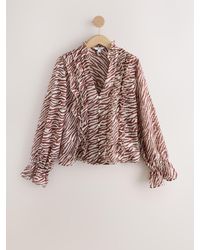Next - Chocolate/Ecru Zebra Print Ruffle Detail Long Sleeve Blouse - Lyst